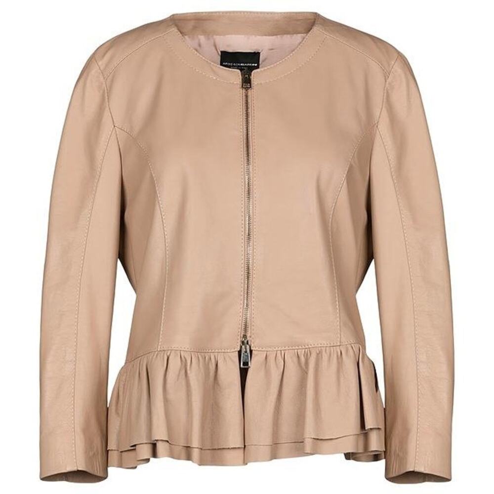 ATOS LOMBARDINI Leather Jacket Beige Ruffle Women's Sz IT 40 US 4 NWT $400